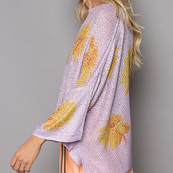 POL LILAC Round Neck Flower Print Solid Light Weight Sweater Top - Picture 3 of 5